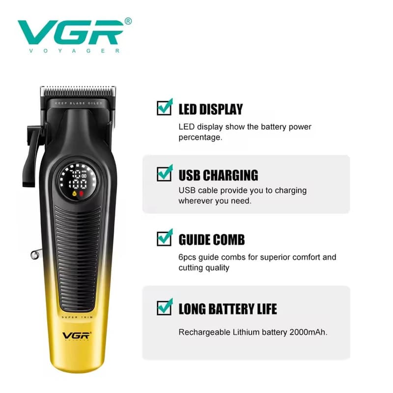 Акумуляторна машинка для стриження (clipper) VGRV-196 GOLD, 8 насадок, 7000 RPM, 2000 mAh, LED display — фото 2