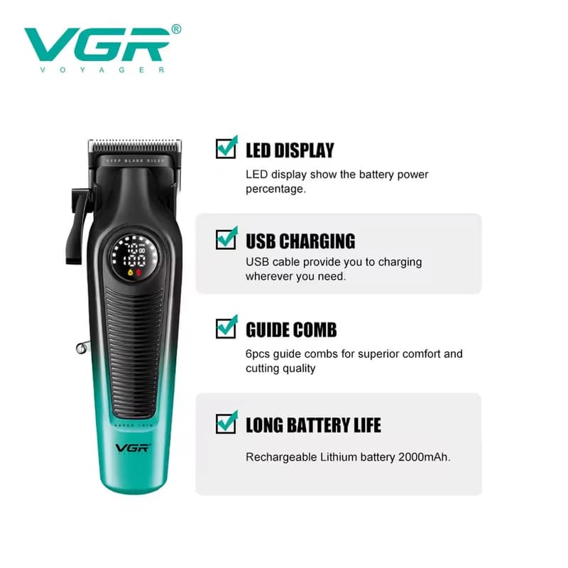 Акумуляторна машинка для стриження (clipper) VGRV-196 GREEN, 8 насадок, 7000 RPM, 2000 mAh, LED display — фото 5