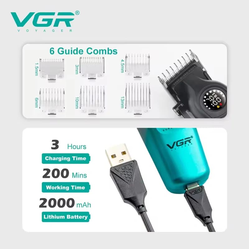 Акумуляторна машинка для стриження (clipper) VGRV-196 GREEN, 8 насадок, 7000 RPM, 2000 mAh, LED display — фото 6