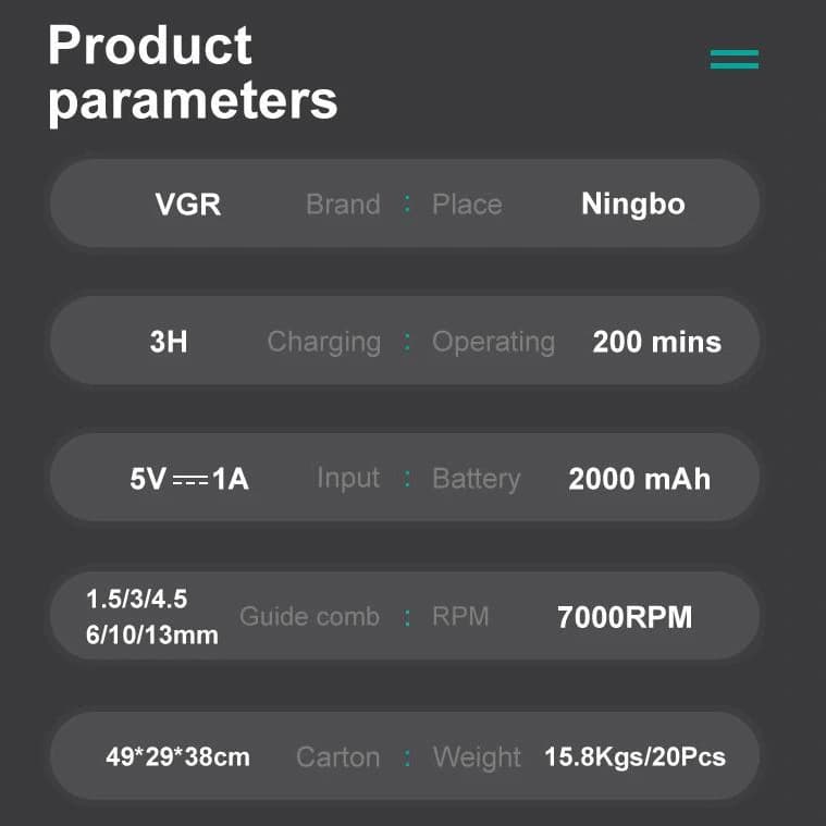 Акумуляторна машинка для стриження (clipper) VGRV-196 GREEN, 8 насадок, 7000 RPM, 2000 mAh, LED display — фото 7