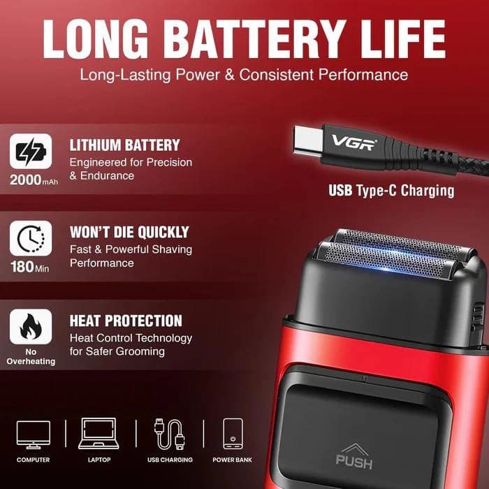 Електробритва VGR V-307 RED шейвер, подвійне лезо, 2000mAh, 9000 RPM — фото 9