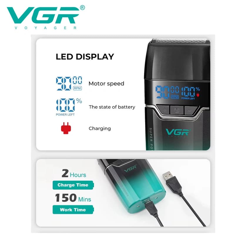 Електробритва VGR V-308 GOLD шейвер, подвійне лезо, 9000 RPM, LED Display — фото 2