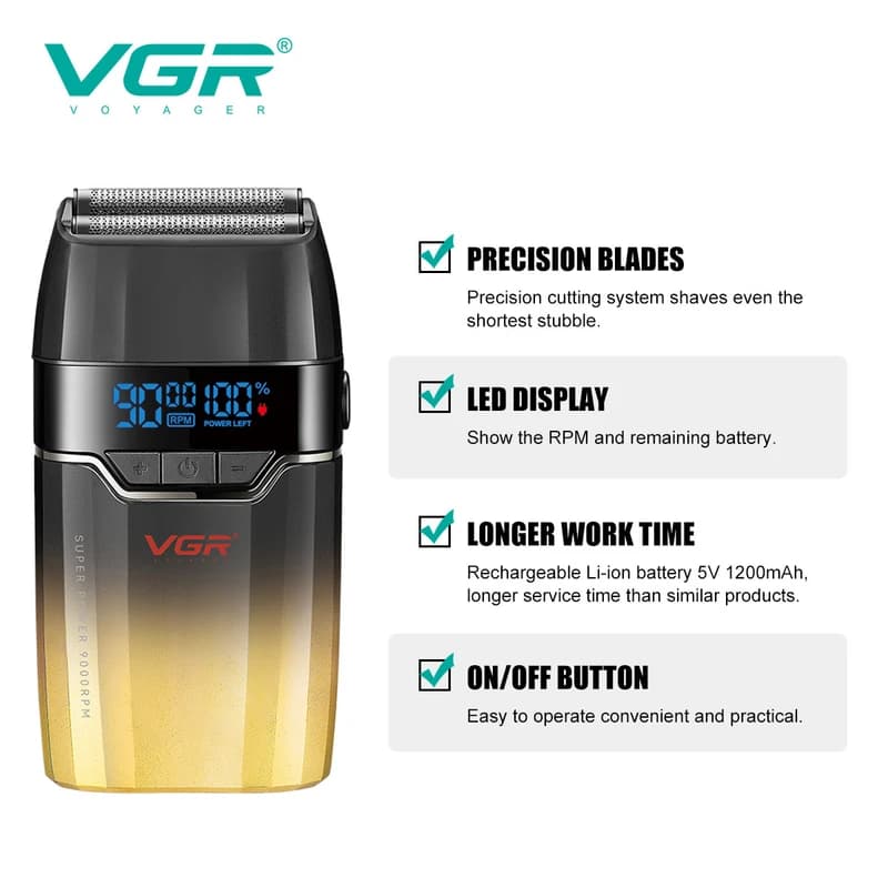 Електробритва VGR V-308 GOLD шейвер, подвійне лезо, 9000 RPM, LED Display — фото 4