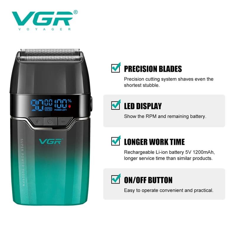 Електробритва VGR V-308 GREEN шейвер, подвійне лезо, 9000 RPM, LED Display — фото 4