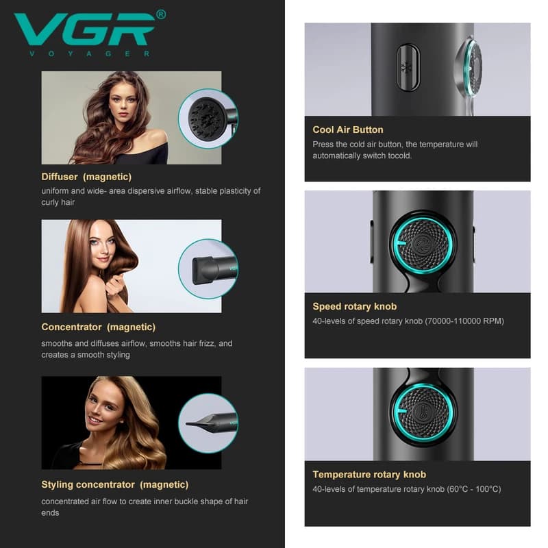 Фен професійний VGR V-401 BLACK, 40 рівнів обдування 70000 - 110000 RPM, 40 рівнів температури 60°C - 100°C, 3 насадки — фото 3