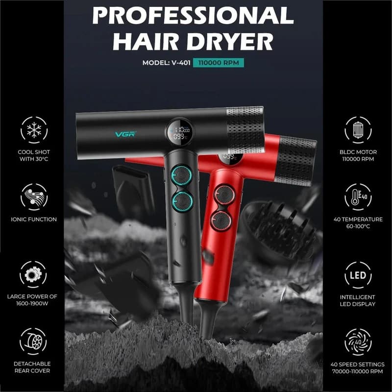 Фен професійний VGR V-401 BLACK, 40 рівнів обдування 70000 - 110000 RPM, 40 рівнів температури 60°C - 100°C, 3 насадки — фото 4