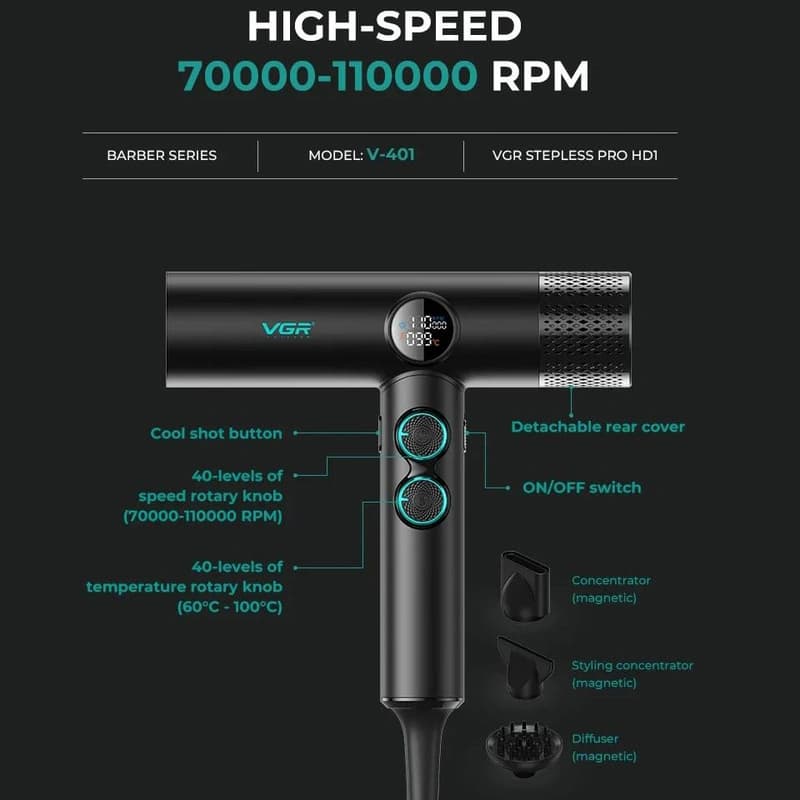 Фен професійний VGR V-401 BLACK, 40 рівнів обдування 70000 - 110000 RPM, 40 рівнів температури 60°C - 100°C, 3 насадки — фото 7
