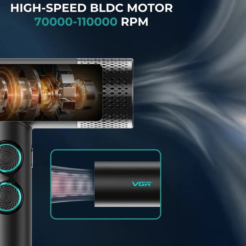 Фен професійний VGR V-401 BLACK, 40 рівнів обдування 70000 - 110000 RPM, 40 рівнів температури 60°C - 100°C, 3 насадки — фото 8