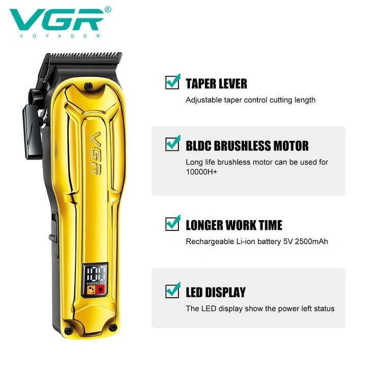 Акумуляторна машинка для стриження (clipper) VGR V-138 GOLD, 4 насадки, 7000 RPM, 2500 mAh, LED display — фото 6