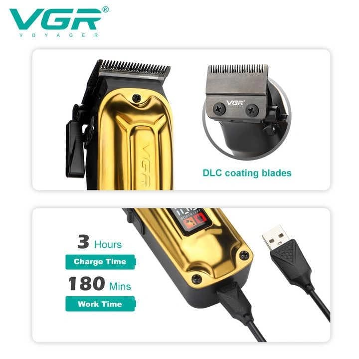 Акумуляторна машинка для стриження (clipper) VGR V-138 GOLD, 4 насадки, 7000 RPM, 2500 mAh, LED display — фото 7