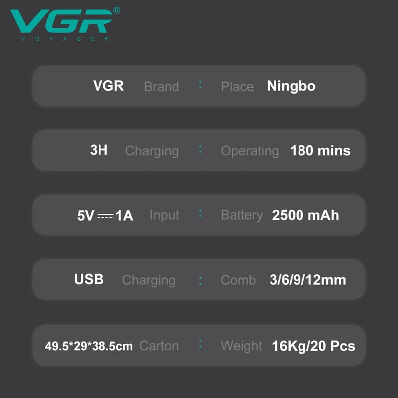 Акумуляторна машинка для стриження (clipper) VGR V-138 GOLD, 4 насадки, 7000 RPM, 2500 mAh, LED display — фото 8