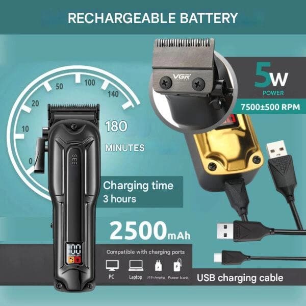 Акумуляторна машинка для стриження (clipper) VGR V-138 GOLD, 4 насадки, 7000 RPM, 2500 mAh, LED display — фото 9