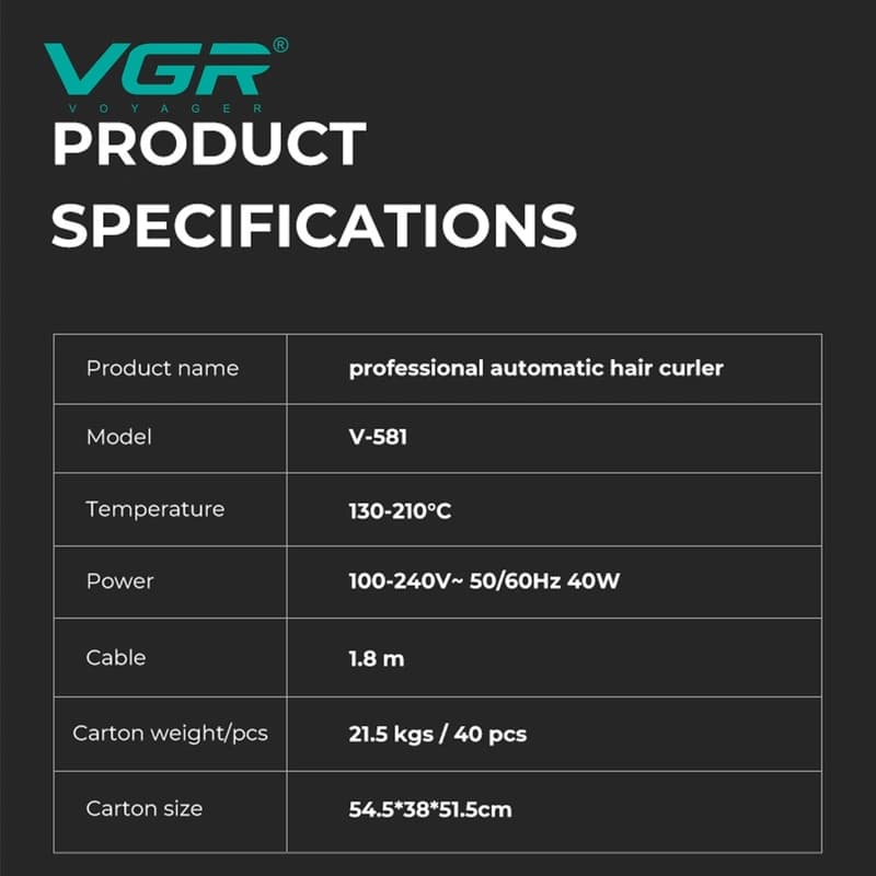 Плойка VGR V-581, automatic curling, температура від 130°C до 210°C, керамічне покриття, LED display, 45 Вт — фото 7