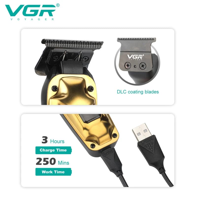 Акумуляторна машинка для стриження (clipper) VGR V-904 GOLD, 4 насадки, 2000 mAh, LED display — фото 6
