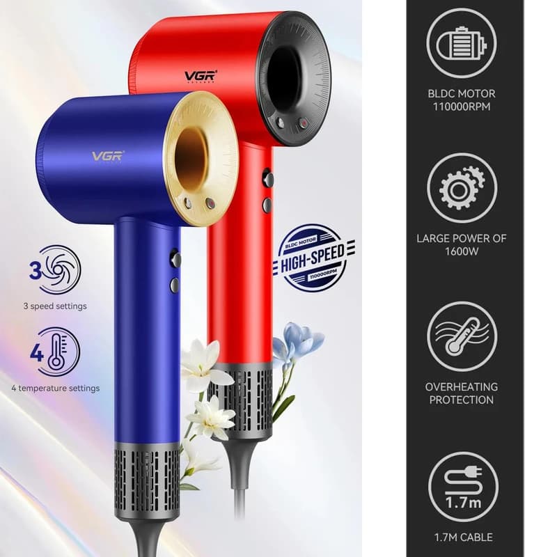 Фен професійний VGR V-445 BLUE, 3 рівні обдування, 4 рівні температури, 1600 Вт, 110000 RPM — фото 2