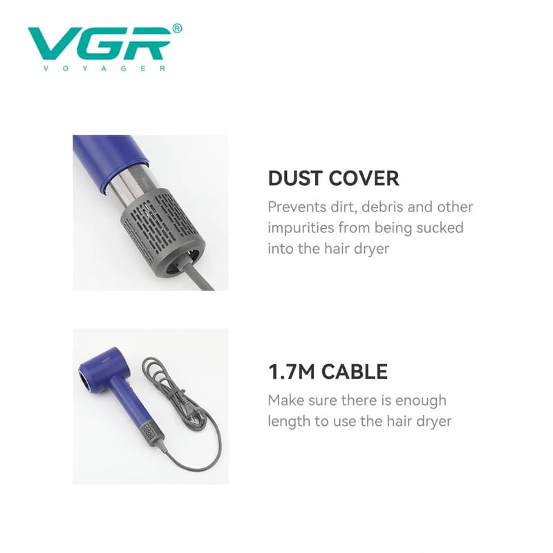 Фен професійний VGR V-445 BLUE, 3 рівні обдування, 4 рівні температури, 1600 Вт, 110000 RPM — фото 4