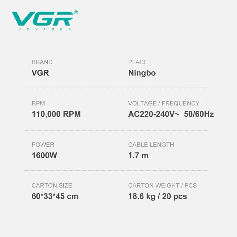 Фен професійний VGR V-445 RED, 3 рівні обдування, 4 рівні температури, 1600 Вт, 110000 RPM — фото 3