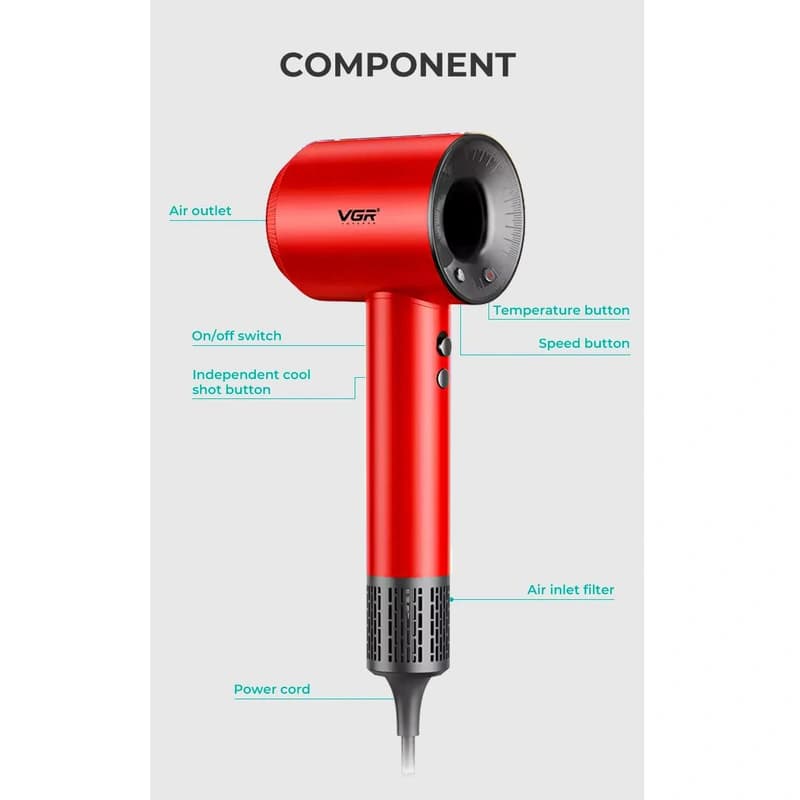 Фен професійний VGR V-445 RED, 3 рівні обдування, 4 рівні температури, 1600 Вт, 110000 RPM — фото 5