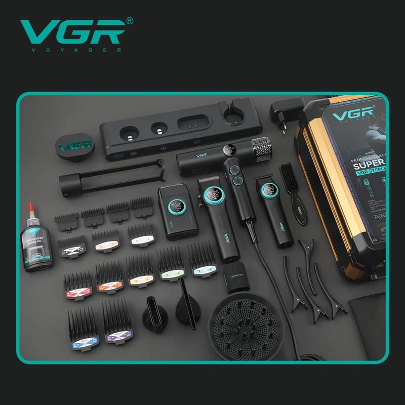 Комплект VGR STEPLERSS PRO 4 IN 1 BLACK, машинка для стрижки (Clipper), тример, шейвер, фен — фото 2