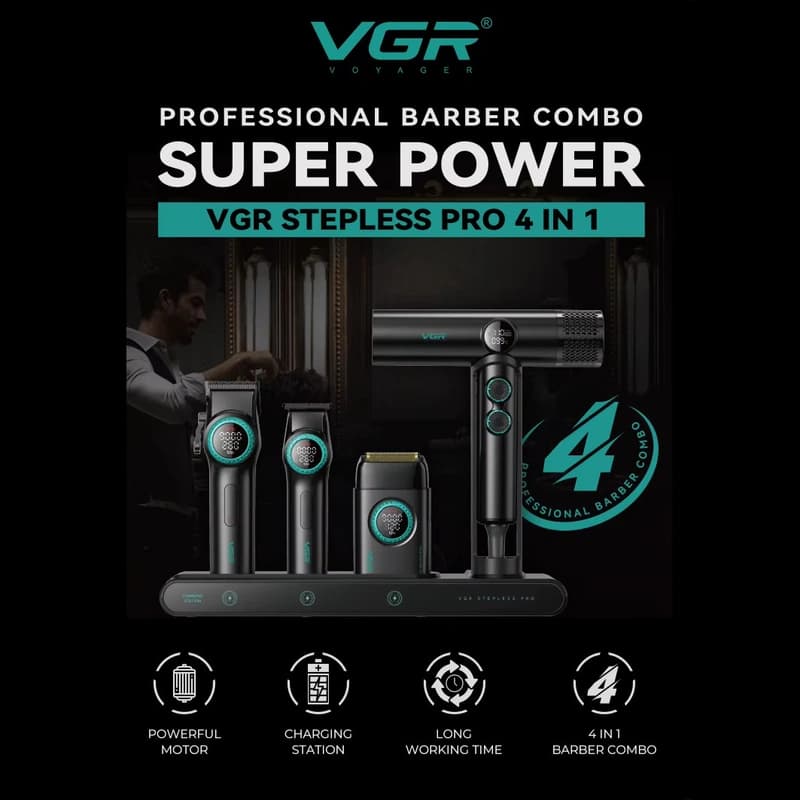Комплект VGR STEPLERSS PRO 4 IN 1 BLACK, машинка для стрижки (Clipper), тример, шейвер, фен — фото 6