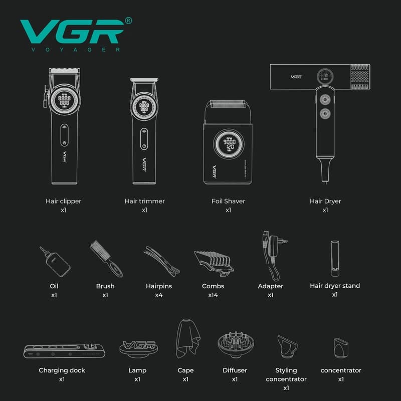 Комплект VGR STEPLERSS PRO 4 IN 1 BLACK, машинка для стрижки (Clipper), тример, шейвер, фен — фото 7