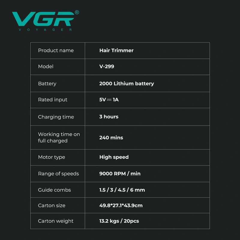 Тример VGR V-299 BLACK, 4 насадки, 9000RPM, 2000 mAh, 5 рівнів швидкості, LED display — фото 4