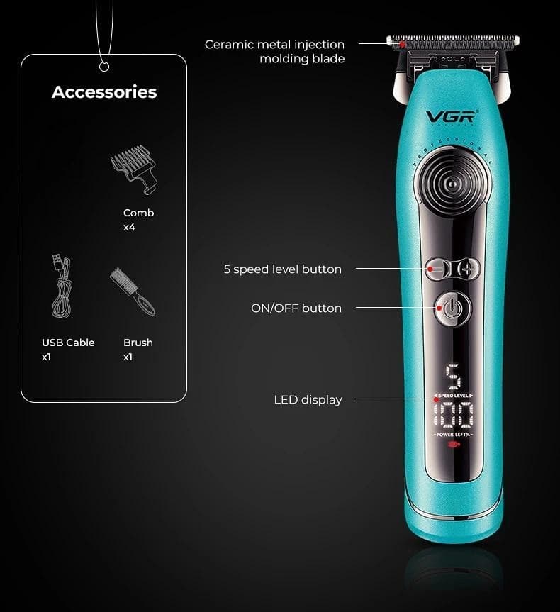 Тример VGR V-299 BLACK, 4 насадки, 9000RPM, 2000 mAh, 5 рівнів швидкості, LED display — фото 5