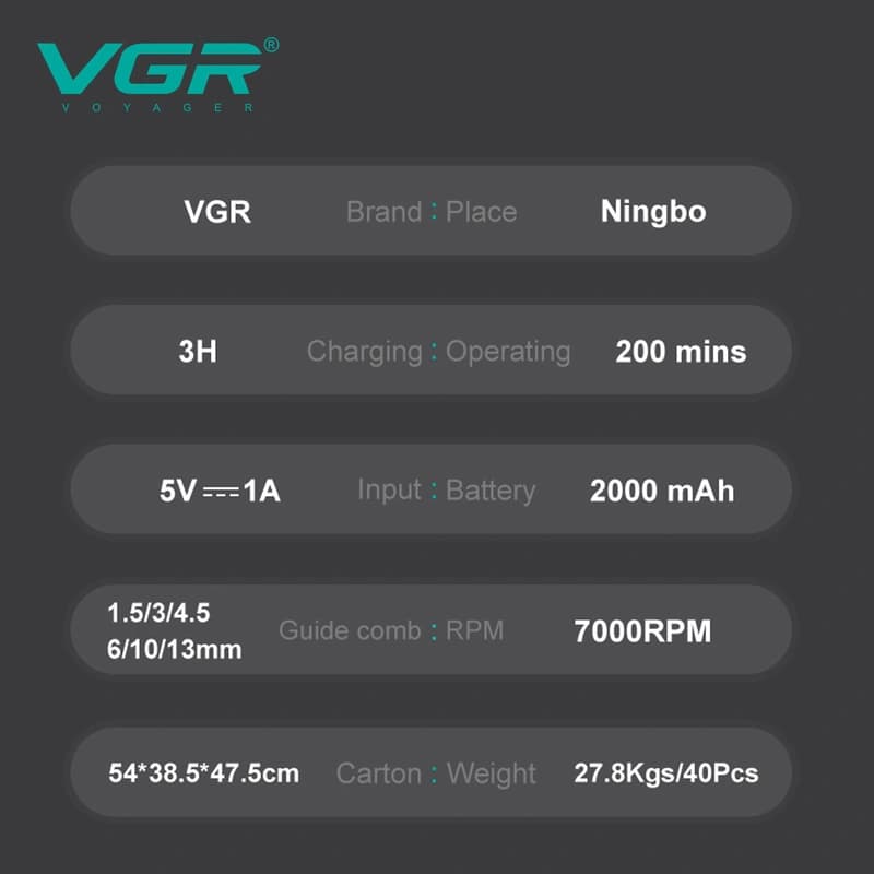 Акумуляторна машинка для стрижки (clipper) VGR V-197, 6 насадок, LED display — фото 6