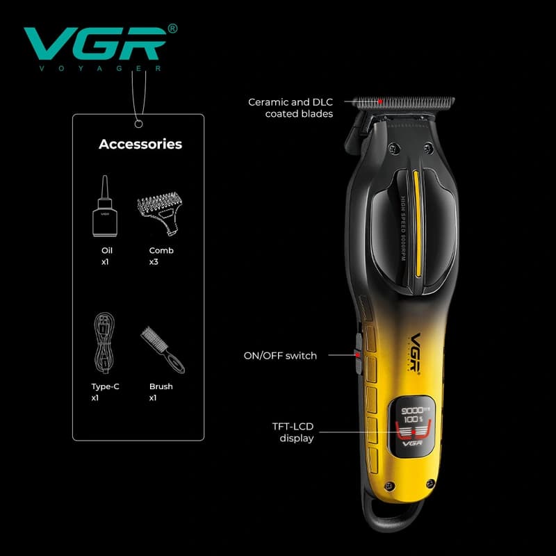Тример VGR V-226 GOLD, 9000 RPM, 3 насадки, LED display — фото 3