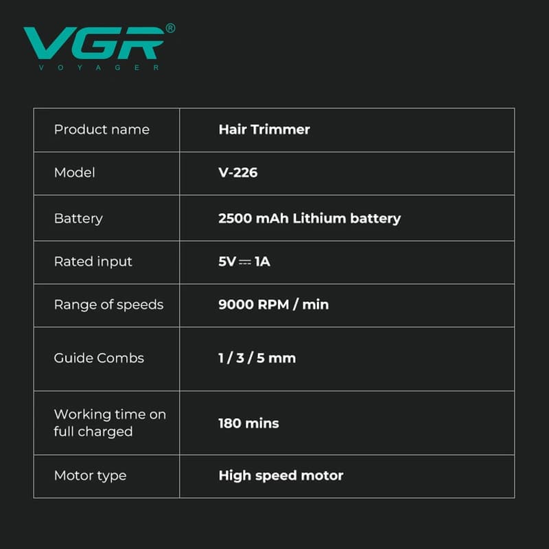 Тример VGR V-226 GOLD, 9000 RPM, 3 насадки, LED display — фото 5