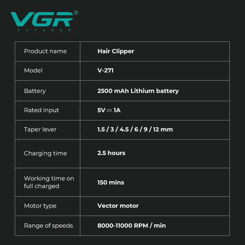 Акумуляторна машинка для стрижки (clipper) VGR V-271, VECTOR MOTOR 8000-11000 RPM, 6 насадок, LED display — фото 6