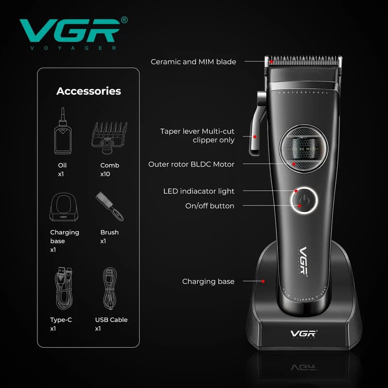 Акумуляторна машинка для стрижки (clipper) VGR V-880C BLACK, EXTERNAL ROTOR MOTOR, MIM BLADE, 11 насадок, док-станція — фото 2