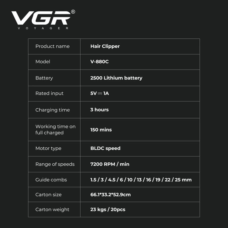 Акумуляторна машинка для стрижки (clipper) VGR V-880C BLACK, EXTERNAL ROTOR MOTOR, MIM BLADE, 11 насадок, док-станція — фото 9