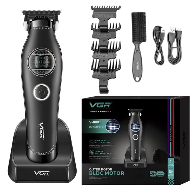 Тример VGR V-880T BLACK, EXTERNAL ROTOR MOTOR, MIM BLADE, 4 насадки, док-станція — фото 1
