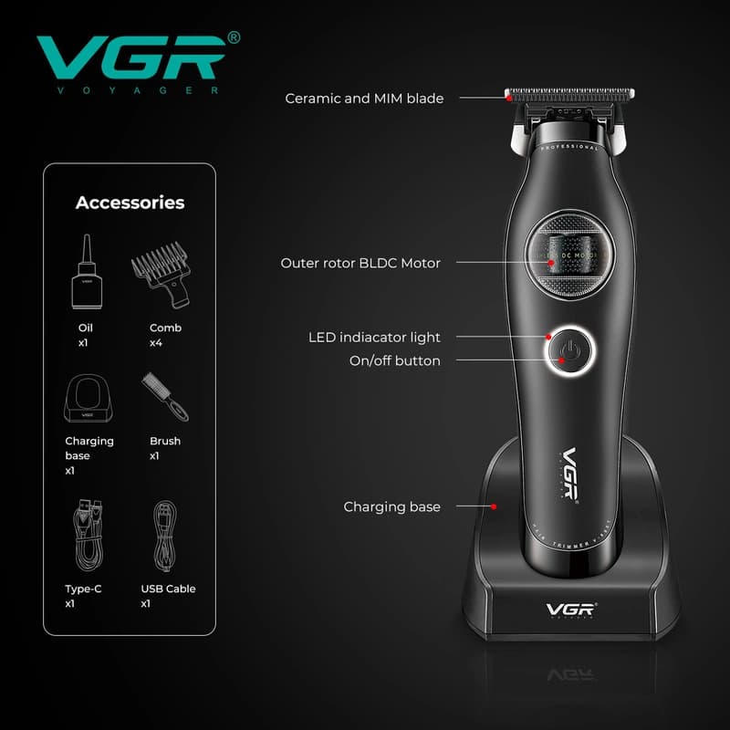 Тример VGR V-880T BLACK, EXTERNAL ROTOR MOTOR, MIM BLADE, 4 насадки, док-станція — фото 4