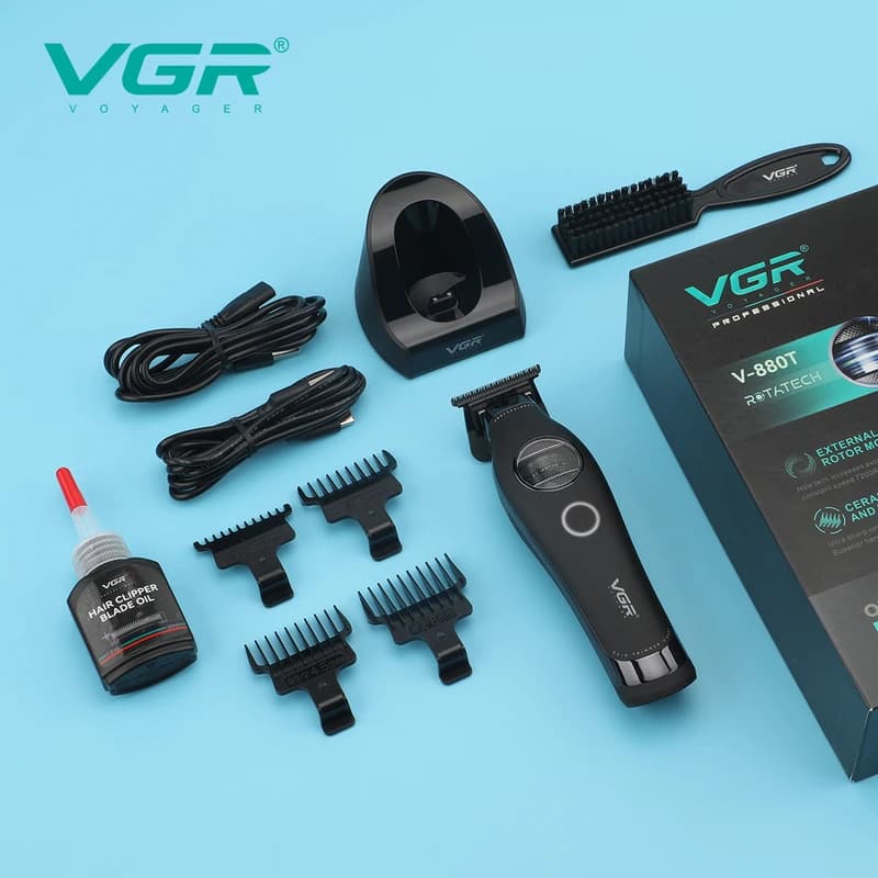 Тример VGR V-880T BLACK, EXTERNAL ROTOR MOTOR, MIM BLADE, 4 насадки, док-станція — фото 8