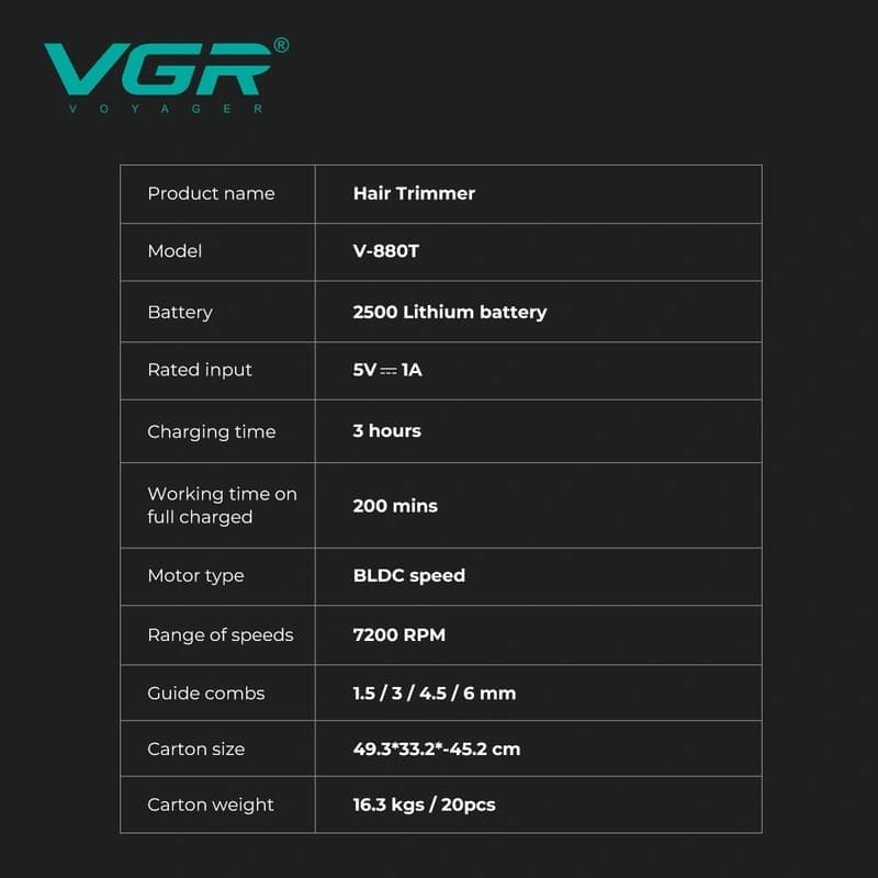 Тример VGR V-880T BLACK, EXTERNAL ROTOR MOTOR, MIM BLADE, 4 насадки, док-станція — фото 9