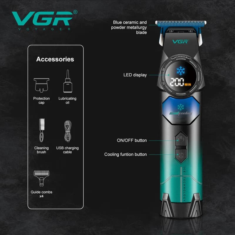 Тример VGR V-946 з технологією охолодження ICE TECHNOLOGY, 4 насадки, 8000 RPM, 3000 mAh, LED display — фото 3