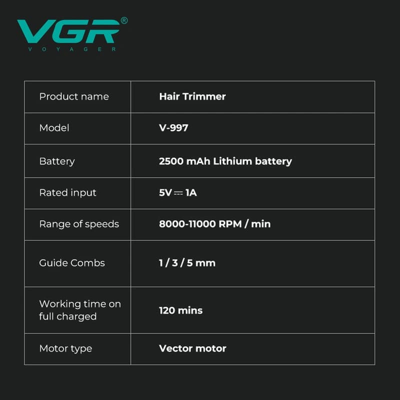 Тример VGR V-997, VECTOR MOTOR 8000-11000 RPM, 3 насадки, LED display — фото 6