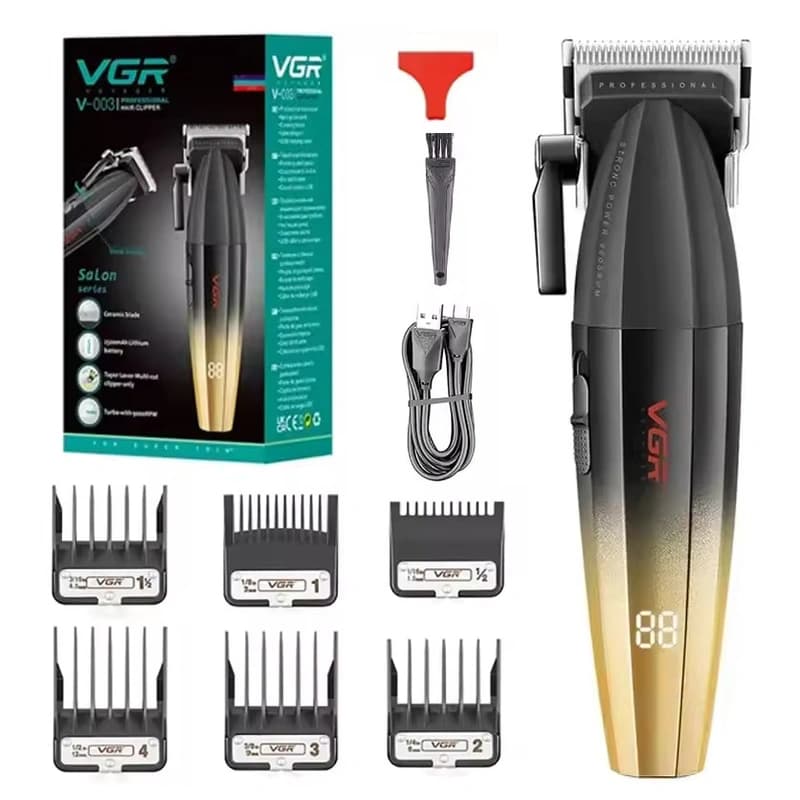 Акумуляторна машинка для стриження (clipper) VGR V-003 GOLD, 6 насадок, TURBO режим 9000 RPM, керамічне лезо, LED display — фото 1