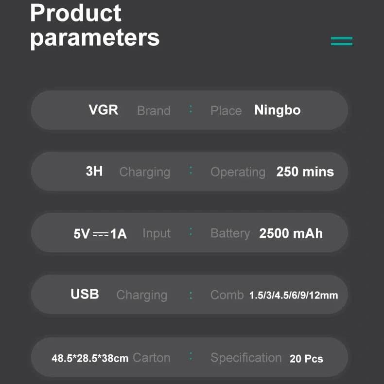 Акумуляторна машинка для стриження (clipper) VGR V-003 GOLD, 6 насадок, TURBO режим 9000 RPM, керамічне лезо, LED display — фото 5