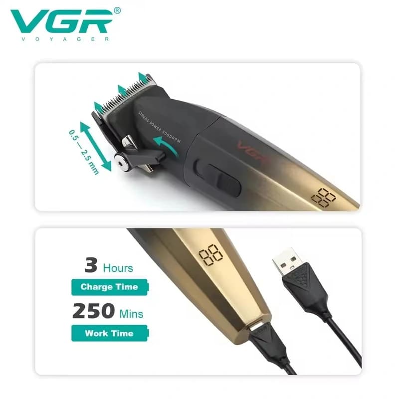Акумуляторна машинка для стриження (clipper) VGR V-003 GOLD, 6 насадок, TURBO режим 9000 RPM, керамічне лезо, LED display — фото 6