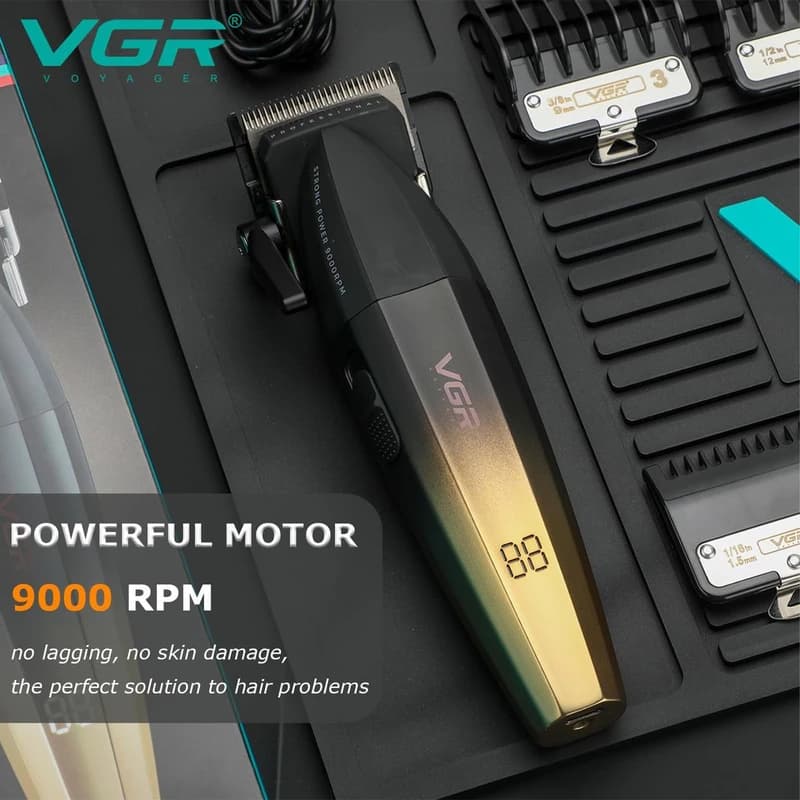 Акумуляторна машинка для стриження (clipper) VGR V-003 GOLD, 6 насадок, TURBO режим 9000 RPM, керамічне лезо, LED display — фото 8