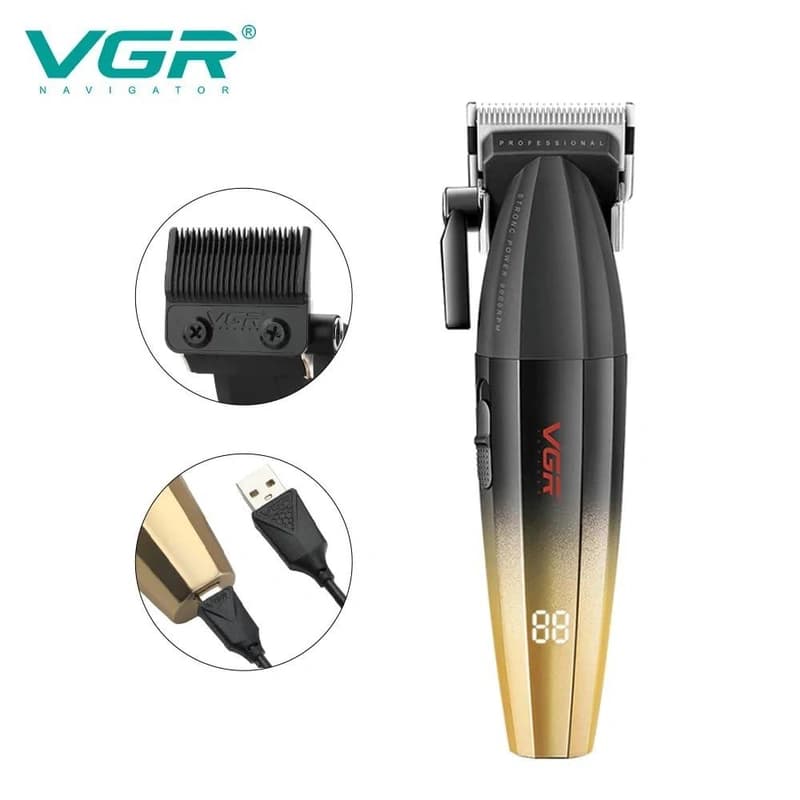 Акумуляторна машинка для стриження (clipper) VGR V-003 GOLD, 6 насадок, TURBO режим 9000 RPM, керамічне лезо, LED display — фото 9