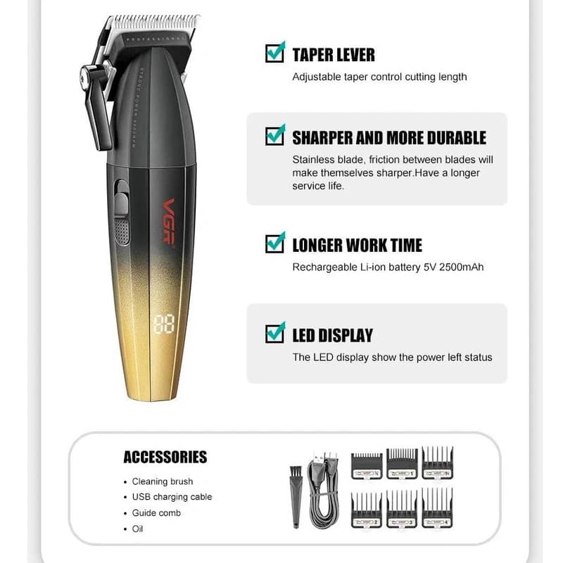 Акумуляторна машинка для стриження (clipper) VGR V-003 GOLD, 6 насадок, TURBO режим 9000 RPM, керамічне лезо, LED display — фото 10
