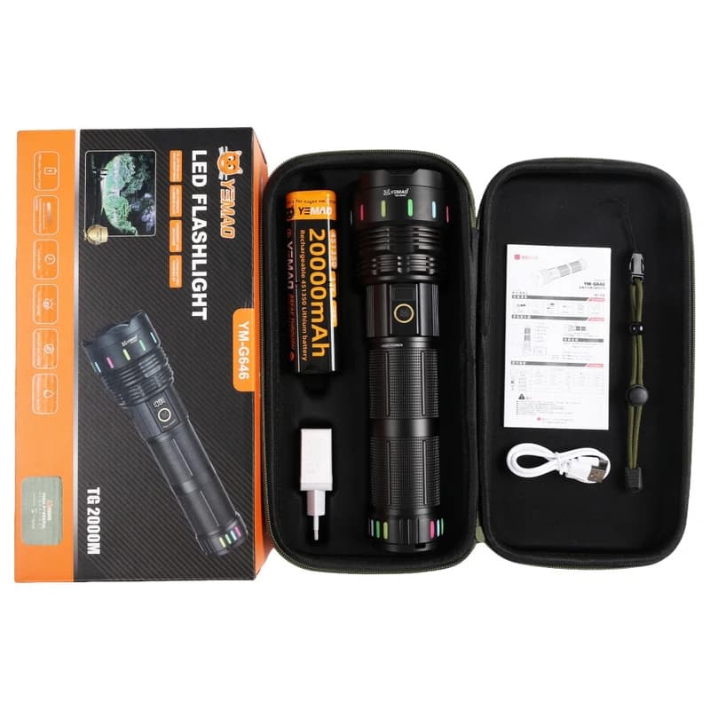 Далекобійний ліхтар YEMAO YM-G646, 4000LM, акумулятор 451350 (20000 mAh), чохол, блок живлення — фото 5