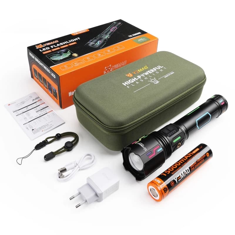 Далекобійний ліхтар YEMAO YM-G640Y, 4000LM, акумулятор 33140 (15000 mAh), чохол, блок живлення — фото 2