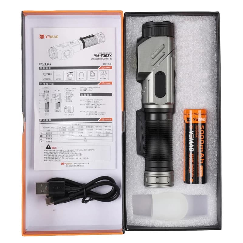 Тактичний ліхтар YEMAO YM-F303X, 1600LM, акумулятори 1x21700 (1x5000 mAh), поворотна голова — фото 6