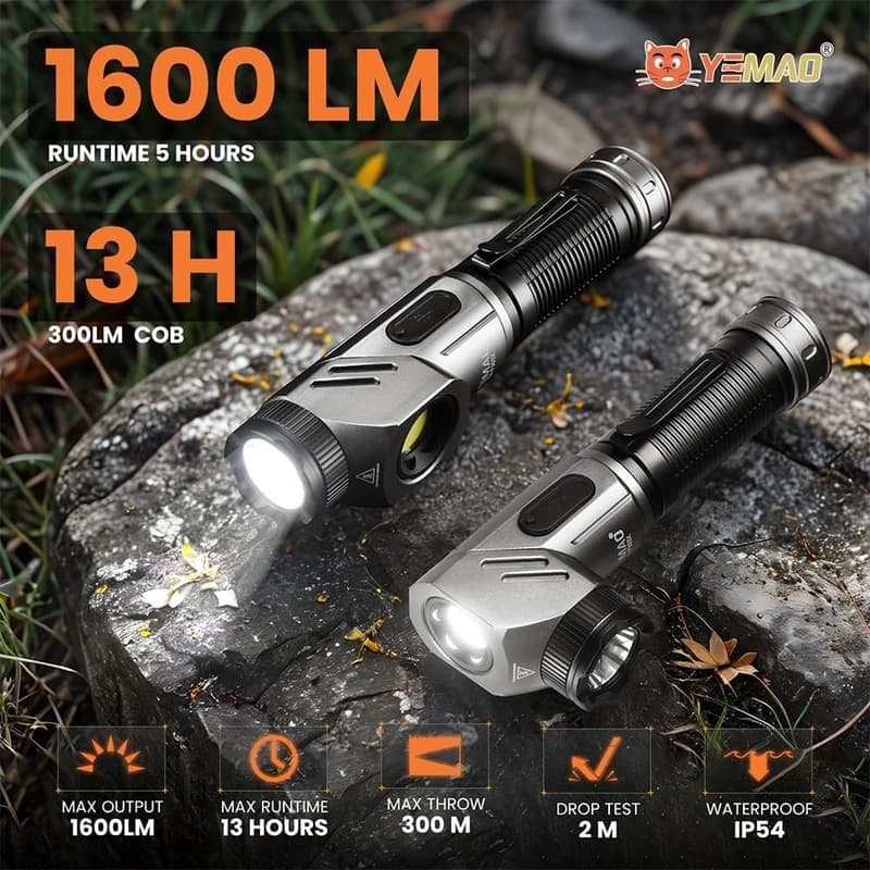 Тактичний ліхтар YEMAO YM-F303X, 1600LM, акумулятори 1x21700 (1x5000 mAh), поворотна голова — фото 9