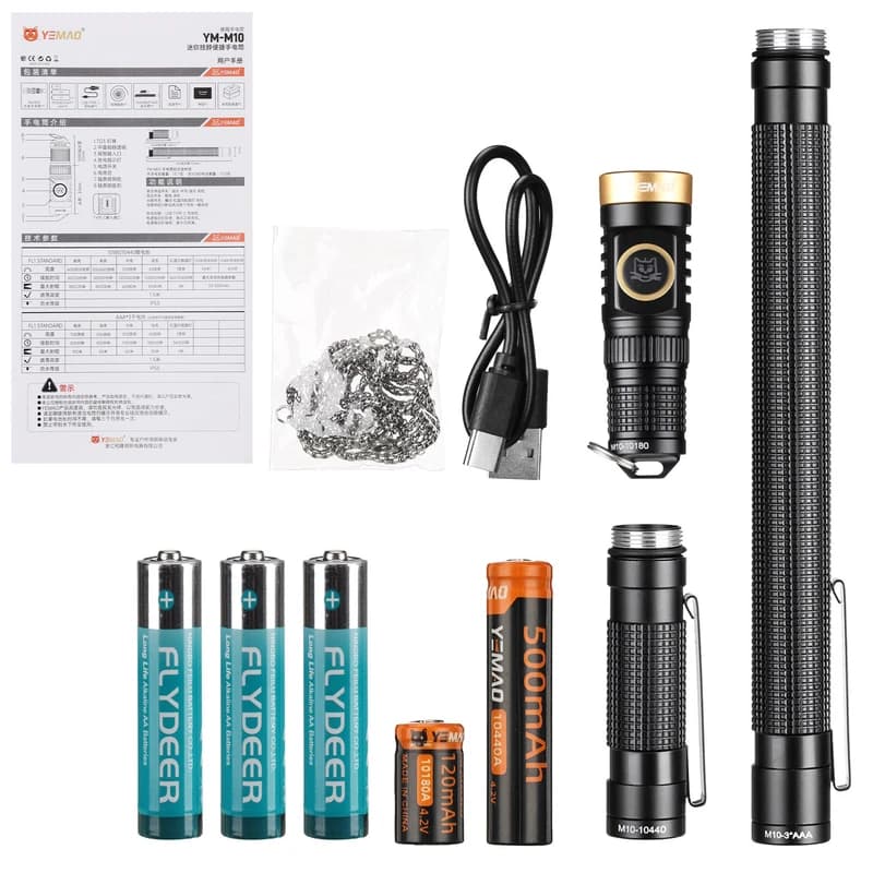 Портативний ліхтар YEMAO YM-M10, 800LM, акумулятори 10440 + 10180 (500 + 120 mAh), 3xAAA, чохол — фото 6